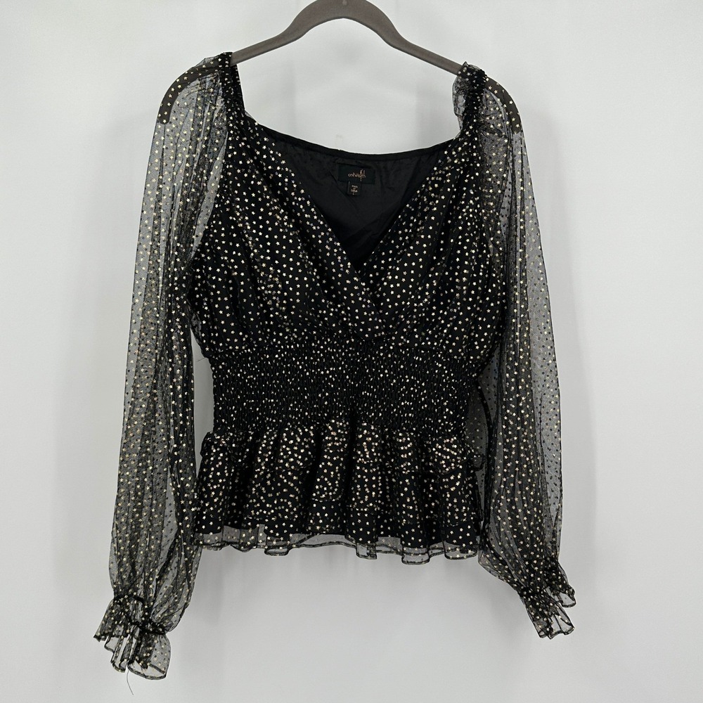 Womens Whimsigoth Celestial Top Size L Metallic Star Sheer Mesh Smocked Romantic